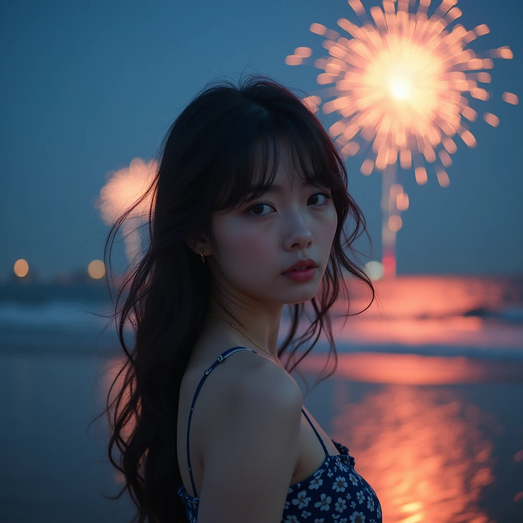一卵性双生児姉younger sister、Japanese,1,younger sister,Randomly generated people with diverse facial features and hairstyles々,Perfect Anatomy,Ocean,Beach,firework,Night Sky,Launch firework, Ocean,Kind woman,photo shoot,magazine photograph