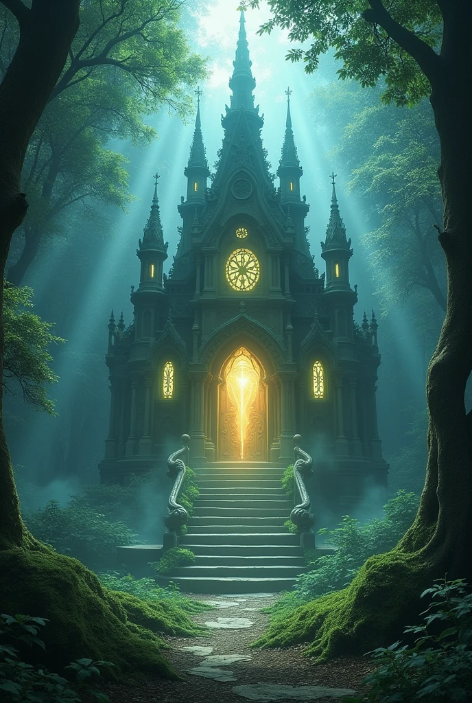 "Sage's hidden mystical palace in the middle of a dense forest, barely visible through an illusionary barrier with shimmering, ghostly light."