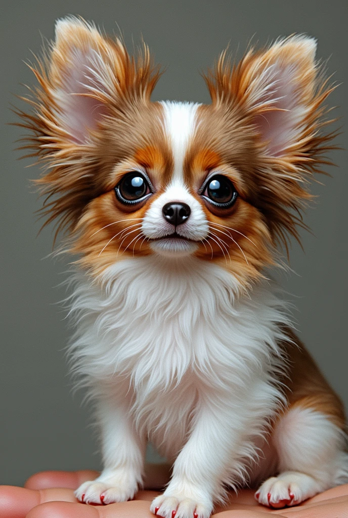 The world's smallest Papillon, (fur white&Sable)Fluffy ear hair、Resting on someone's finger, is definitely cute and attractive. This picture is very realistic、It accurately captures the subtle features of a small puppy.。.