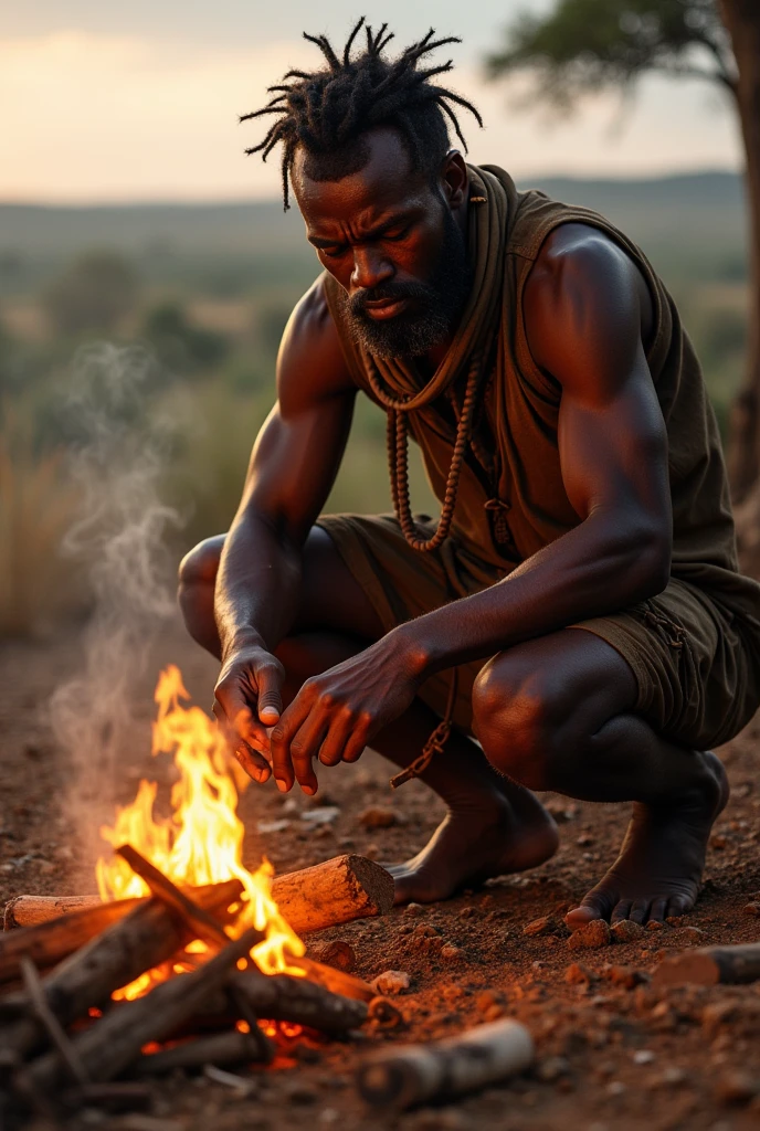 African lighting a campfire
