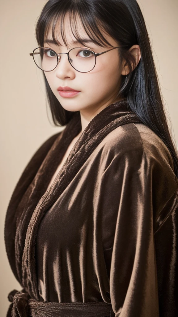 (Highest quality:1.5), (Real:1.4), (Ultra high definition:1.4), (No correction:1.4), (skinny Japanese woman with average size breasts standing front plain background in studio), (A woman wearing black-rimmed glasses), (Very small eyes), (breasts of average size), (Average height), (Cover your forehead with bangs), (Long black hair), (Dark personality expression), (Brown bathrobe), (black hair woman is standing with brown bathrobe front plain background in studio), (woman viewed from the front), (Plain background), (Cowboy Shot), (Cold expression), (upright), (A woman with long black hair and glasses), (Bangs that cover the forehead), (Sharp and tiny eyes)