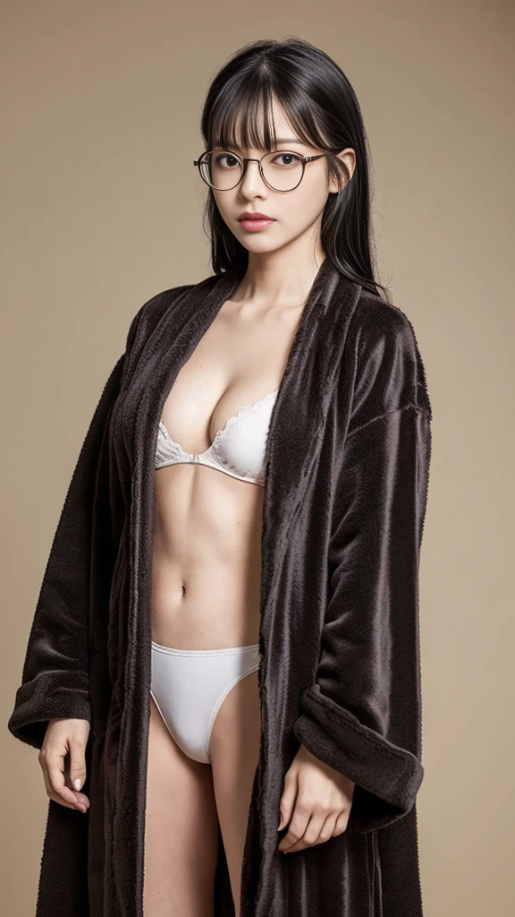 (Highest quality:1.5), (Real:1.4), (Ultra high definition:1.4), (No correction:1.4), (skinny Japanese woman with average size breasts standing front plain background in studio), (A woman wearing black-rimmed glasses), (Very small eyes), (breasts of average size), (Average height), (Cover your forehead with bangs), (Long black hair), (Dark personality expression), (Brown bathrobe), (black hair woman is standing with brown bathrobe front plain background in studio), (woman viewed from the front), (Plain background), (Cowboy Shot), (Cold expression), (upright), (A woman with long black hair and glasses), (Bangs that cover the forehead), (Sharp and tiny eyes)