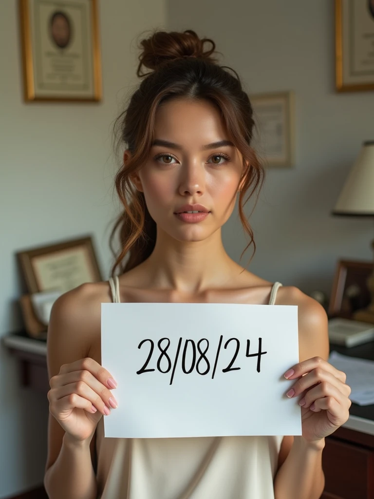 a very beautiful woman taking a selfie in her bedroom. He is holding a white piece of paper in one hand with the date "28/08/24" written on it in bold black ink and it look like real human handwritten. The woman is in a room with light-colored walls, and the background includes some framed items on the wall, possibly certificates or pictures, along with a desk that has various objects, including a lamp and some papers. The lighting in the room is natural, and the woman is looking directly at the camera with a neutral expression.