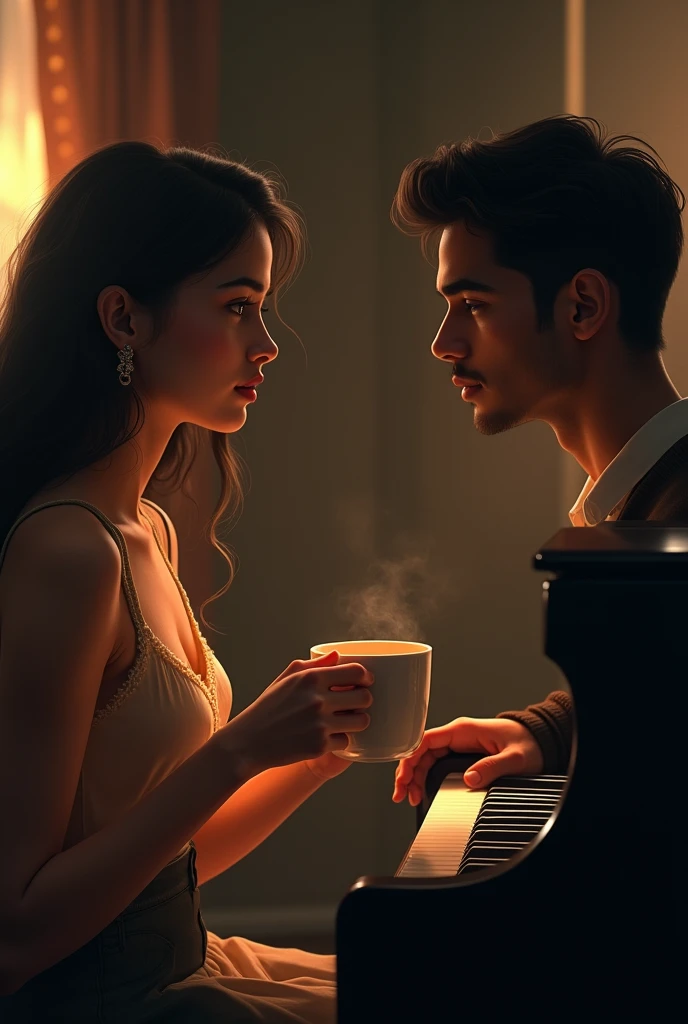 Maya glancing at Arjun from the piano, a soft, longing expression on her face, unnoticed by him as he focuses on his coffee.