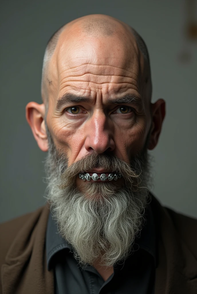 Create a command prompt for a realisian homem careca com barba de aparelho
