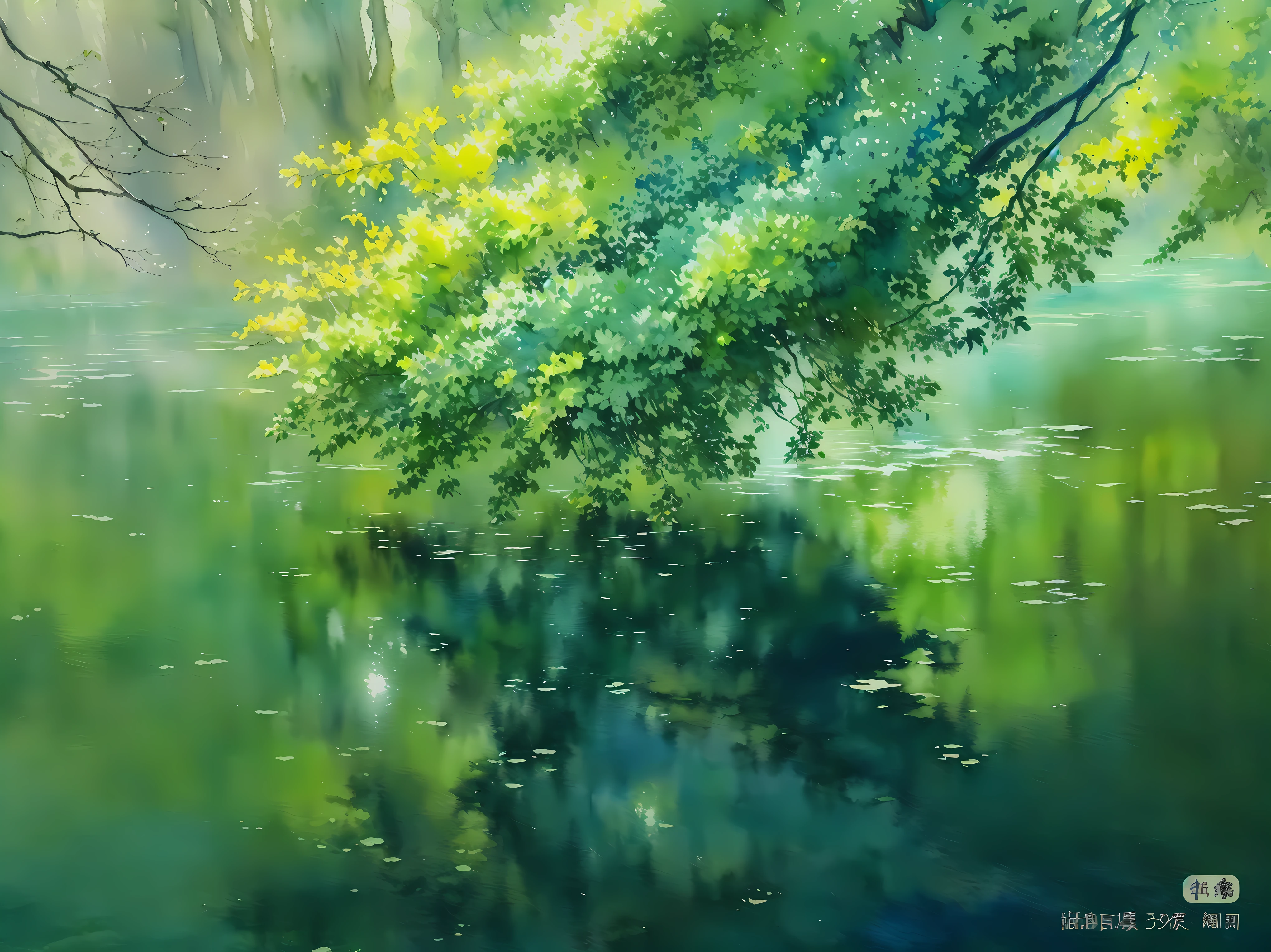 painting of a tree over a body of water with a reflection, water painting, hiroya oku painterly, highly detailed water colour 8 k, highly detailed water colour 8k, semi realistic gouache painting, detailed watercolor painting, nature painting, detailed soft painting, green waters, inspired by Ryōhei Koiso, by Pu Hua, watercolor painting underwater