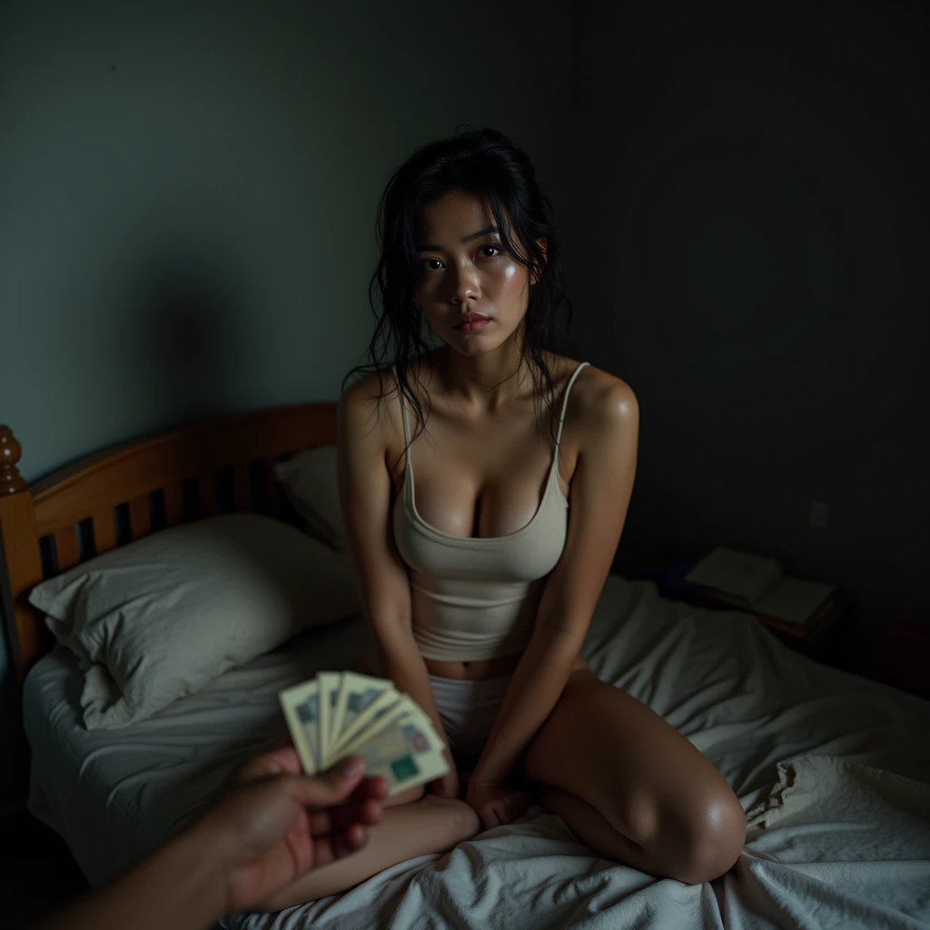 night in a simple house, beautiful young indonesian women, voluptuous, sweating, messy hair like just woke up, wearing a tank top, sitting on a messy and shabby mattress, in front of him there is a hand giving money, against a dull wall, wet hair, low natural light,