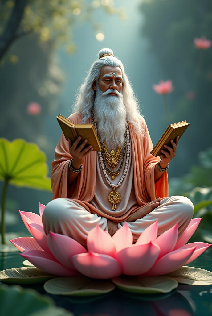 (((Hindu God))) best quality, ultra-high resolution, 4K detailed CG, masterpiece, Brahma with books in hand, old man, old man, Indian, white beard, Hindu mythology, sitting on lotus flower, ((sitting on flower lotus) ) Hindu, aesthetic, beautiful, screen-centered image, person holding books in hand and in the air around him