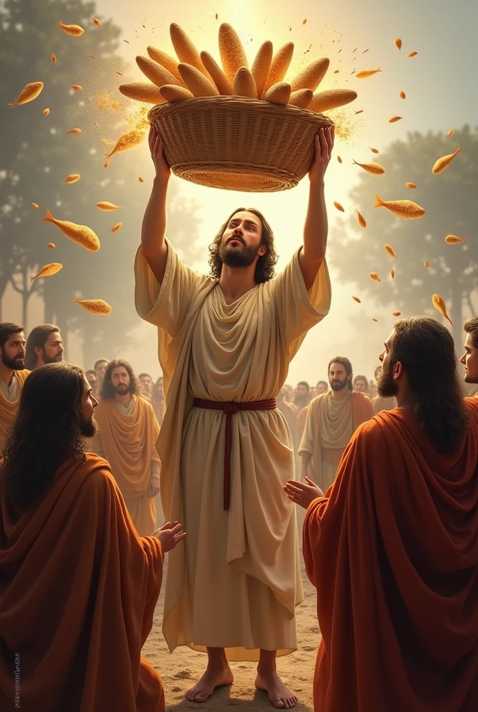 "The image shows Jesus holding the basket of bread and fish towards heaven, as a soft light illuminates it from above. The loaves and fish are beginning to multiply inside the basket, filling it to overflowing. the disciples, Ao redor de Jesus, have expressions of surprise and admiration, as the crowd in the background begins to receive the food, with smiles and joy."