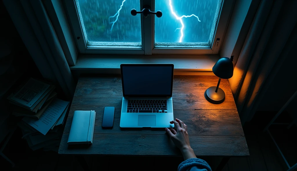 A photo of a mobile phone and a beautiful hand on a dark table, including a table, a study lamp, a laptop and books kept on a table. A window in the room is illuminated by a lightning strike, revealing raindrops hitting the glass. The overall atmosphere of the photo is eerie and mysterious. top view