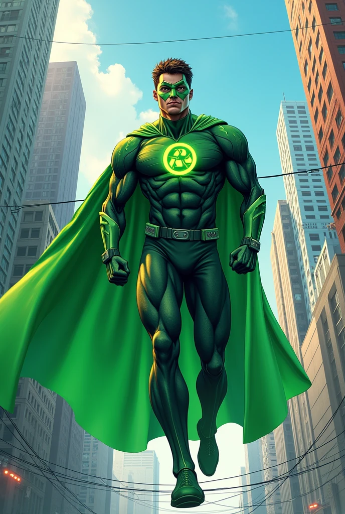 recycling superhero with green cape and mask with the reduce symbol on the chest