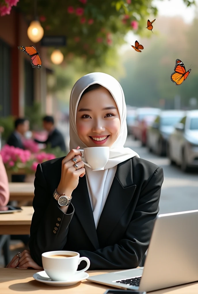 Beautiful Korean girl, smooth white skin, well-groomed face, white hijab, black jacket, white shirt, luxury watch, sitting in a roadside cafe, open area) drinking coffee, on the table there is an iPhone laptop) and an iPhone 14 pro cellphone,) smiling thinly looking at the camera, at another table you can see there are also people drinking coffee.) the background is a beautiful city park) there are beautiful flowers blooming, colorful. large beautiful butterflies flying, the original photo is realistic