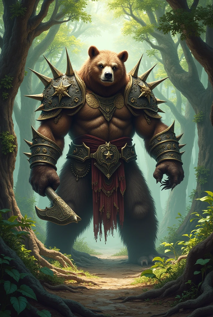 (Detailed) 1 bear, humanoid, in forest, heavy armour, spiked mace