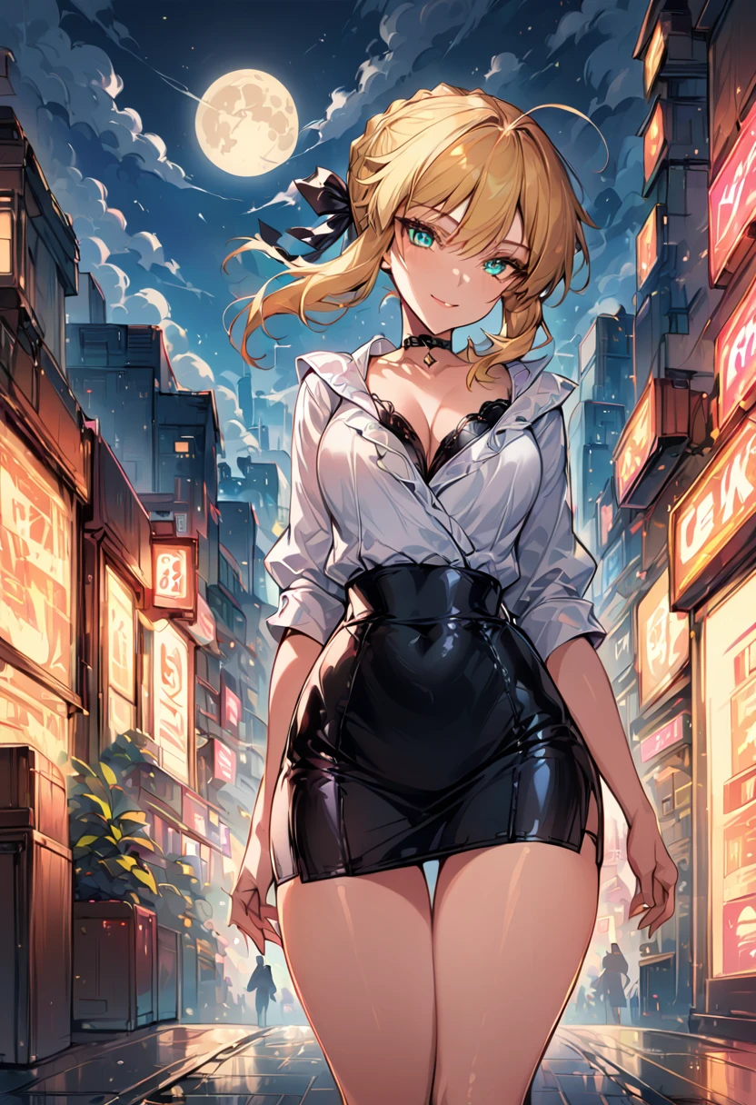 score_9, score_8_up, score_7_up, score_6_up, rating_safe, source_anime, BREAK beautiful Artoria Pendragon (blonde, braid, ribbon, hair ribbon:1.2), sexy smirk, BREAK tight leather skirt, wrap blouse, high heels, choker, BREAK walking in downtown Tokyo, neon lights, Extremely detailed Artgerm, Artgerm on ArtStation Pixiv, BREAK Epic light novel art cover, gorgeous female, trending on artstation pixiv, BREAK midnight, full moon, shallow depth of field, BREAK highly detailed, bokeh, moody, epic, gorgeous, grainy, BREAK (ultra-detailed), (best illustration), (best shadow), (absurdres), (detailed background), (very aesthetic).