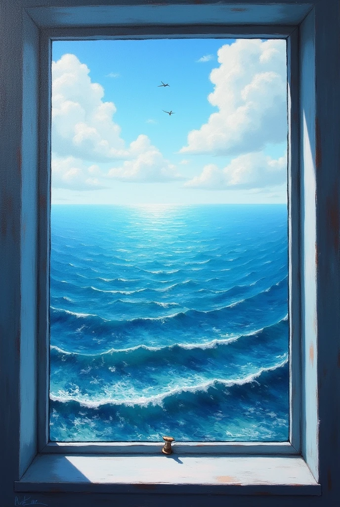 An oil painting about the blue sea , Window view, View from the high. 