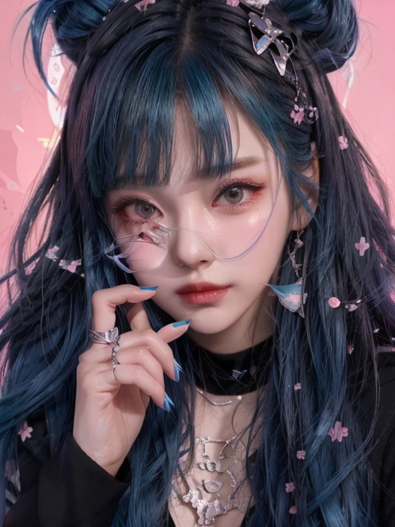 A close up of a woman with blue hair wearing sunglasses, guweiz style artwork, e-chica, e - girl, anime vibes, inspired by Yanjun Cheng, beautiful dolphin, kawaii Aesthetic, ulzzang, Kawaii realistic portrait, Aesthetic!!!!!!!!!!, Anime style mixed with Fujifilm, kawaii hairstyle, trend on cgstation