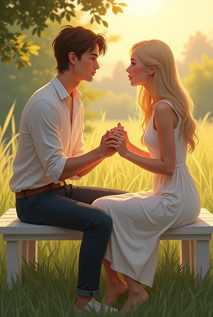 A handsome young man of twenty, with a fair complexion, dark brown hair, and brown eyes, sits on a white bench in a village setting. He wears a blue t-shirt and denim jeans, his attention focused on the young woman beside him. She, also twenty, has fair skin and long, straight blond hair, and wears a white sleeveless dress. The evening sun casts a warm glow over the scene as she gestures animatedly, trying to explain something to him. Their hands are clasped together, and the surrounding grasses sway gently in the soft breeze, creating a peaceful, sunlit atmosphere.