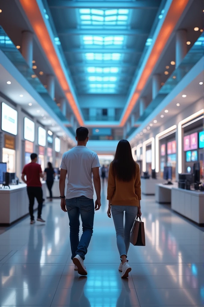 two people at the modern mall walking in front of electronics section