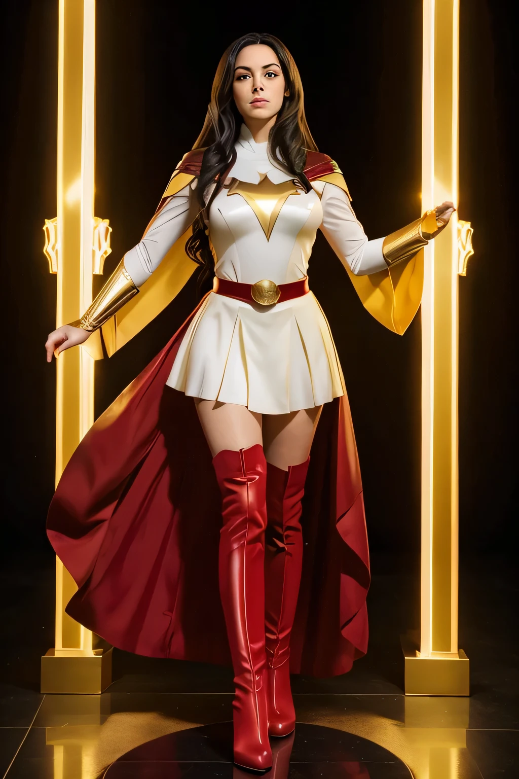 shazam 2 mary marvel, DC Comics, full body red suit, long black hair, long white cape, yellow gauntlets with red gloves,   red skirt, gold belt, golden long boots, standing straight