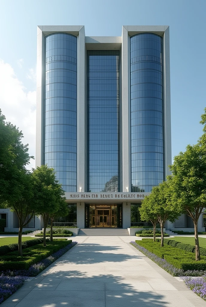An image of a Corporate embassy put the words Nexus Global Capital and Equity Holdings Embassy I want it to have the words Nexus Global Capital and Equity Holdings Embassy on a concrete.The building has its own compound that is extremely developed with grass, trees and flowers expose the words Nexus Holdings Embassy