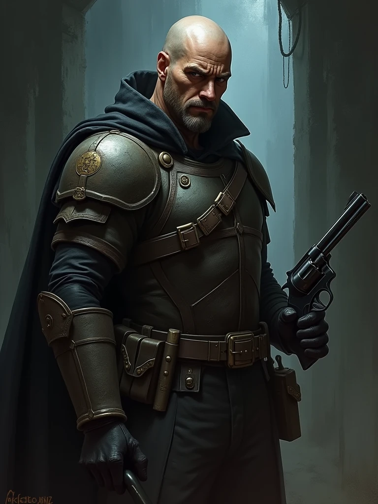 (((darkest dungeon style))), darkest dungeon character portrait, man, shaved hair, short mustache, body armor, revolver gun, many shadows, cold lights, dark art, highly detailed, extremely detailed, masterpiece
