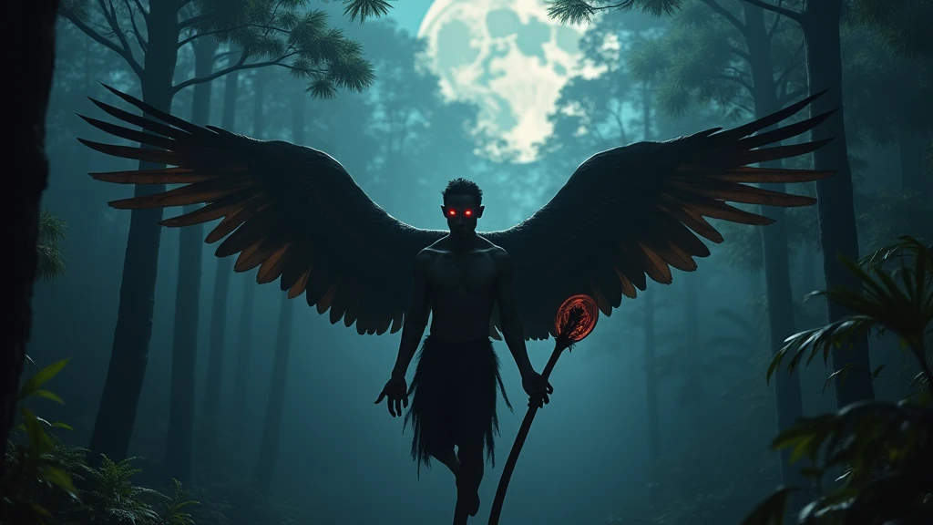 Strange red-eyed Indonesian man with wings flies in the woods at night holding a stick, looking from behind 8k -imagine