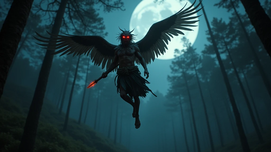 Strange red-eyed Indonesian man with wings flies in the woods at night holding a stick, looking from behind 8k    -imagine