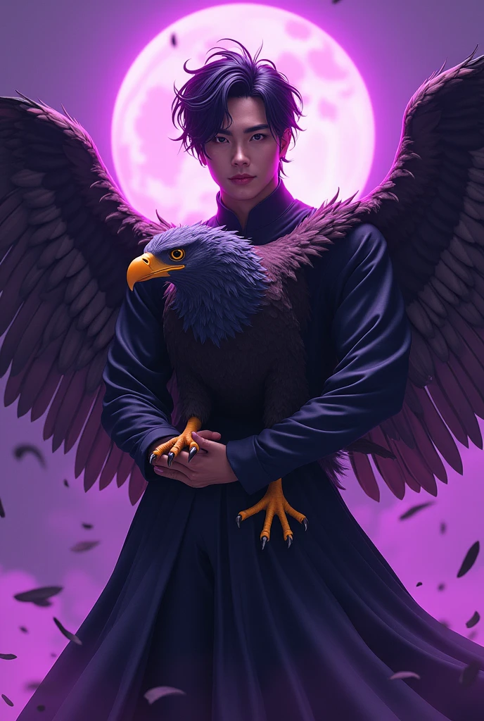 Digital manhwa 3d of (heeseung) with a (Flat face, thick eyebrows, and enticing lips), holding an eagle with an epic purple background