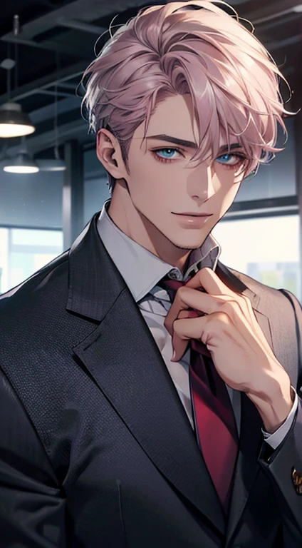 (Highest quality,4K,8K,High resolution,masterpiece:1.2),Super detailed,(Realistic,photoRealistic,photo-Realistic:1.37),1 personld,Mature Men,Beautiful skin、very handsome,Expressionless,smile,Short gray pink hair,blue eyes,Sharp Eyes,A perfect face without a doubt,Businessman,Office Background,Cinema Lighting,HDR image,tie、