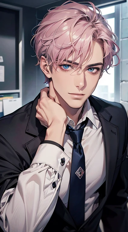 (Highest quality,4K,8K,High resolution,masterpiece:1.2),Super detailed,(Realistic,photoRealistic,photo-Realistic:1.37),1 personld,Mature Men,Beautiful skin、very handsome,Expressionless,smile,Short gray pink hair,blue eyes,Sharp Eyes,A perfect face without a doubt,Businessman,Office Background,Cinema Lighting,HDR image,tie、