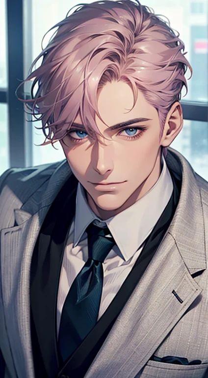 (Highest quality,4K,8K,High resolution,masterpiece:1.2),Super detailed,(Realistic,photoRealistic,photo-Realistic:1.37),1 personld,Mature Men,Beautiful skin、very handsome,Expressionless,smile,Short gray pink hair,blue eyes,Sharp Eyes,A perfect face without a doubt,Businessman,Office Background,Cinema Lighting,HDR image,tie、
