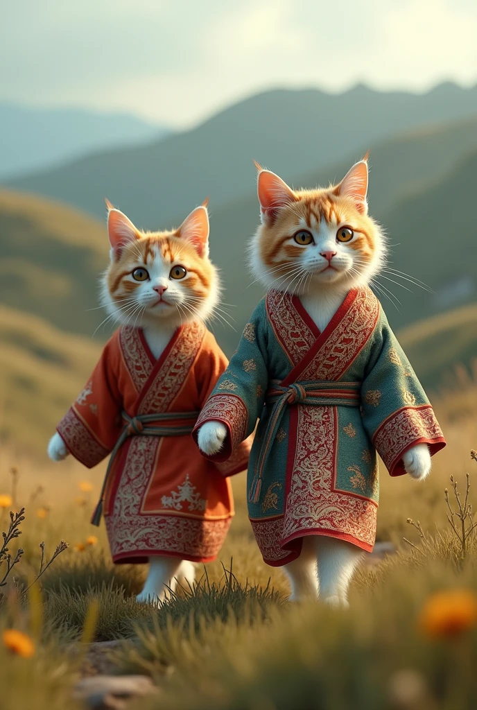 {Two ultra-realistic cats, walking on all fours through a serene grassy landscape, wearing intricately patterned and colorful robes inspired by traditional designs, detailed embroidery and rich fabrics, natural background with rolling hills and soft light, photorealism, 8k resolution, highly detailed fur, natural poses, vibrant yet harmonious colors in the outfits, slightly cloudy sky, soft, diffused lighting, cinematic depth of field, realistic shadows, focus on the cats, slight bokeh in the background, HDR rendering, ultra-realistic texture of fur and fabric.}
