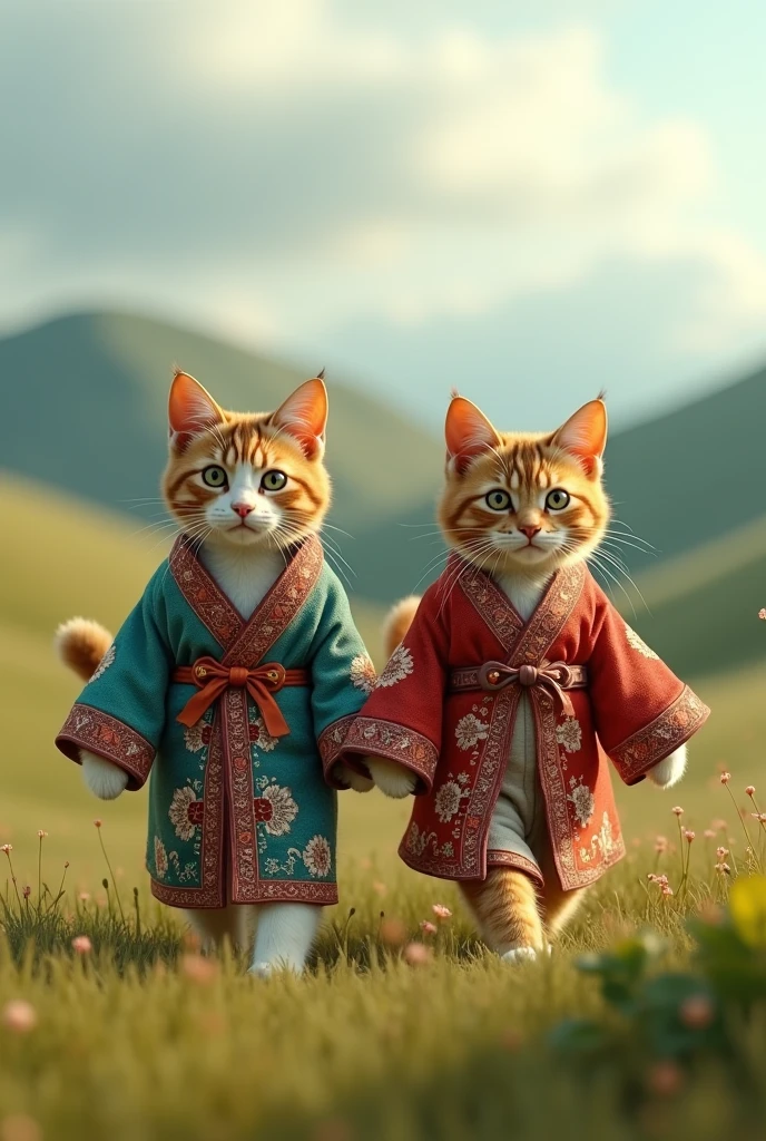 {Two ultra-realistic cats, walking on all fours through a serene grassy landscape, wearing intricately patterned and colorful robes inspired by traditional designs, detailed embroidery and rich fabrics, natural background with rolling hills and soft light, photorealism, 8k resolution, highly detailed fur, natural poses, vibrant yet harmonious colors in the outfits, slightly cloudy sky, soft, diffused lighting, cinematic depth of field, realistic shadows, focus on the cats, slight bokeh in the background, HDR rendering, ultra-realistic texture of fur and fabric.}