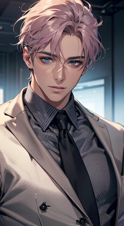 (Highest quality,4K,8K,High resolution,masterpiece:1.2),Super detailed,(Realistic,photoRealistic,photo-Realistic:1.37),1 personld,Mature Men,Beautiful skin、very handsome,Expressionless,smile,Short gray pink hair,blue eyes,Sharp Eyes,A perfect face without a doubt,Businessman,Office Background,Cinema Lighting,HDR image,tie、