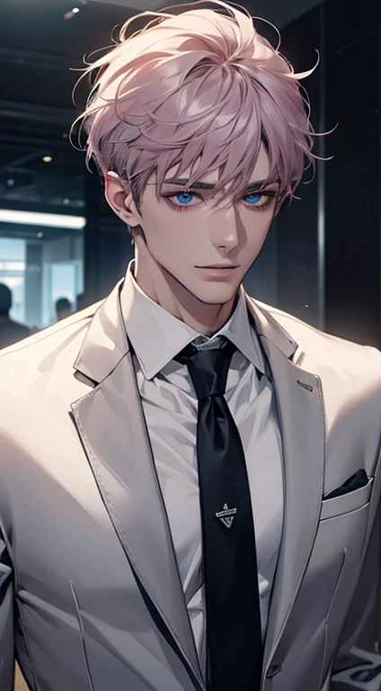 (Highest quality,4K,8K,High resolution,masterpiece:1.2),Super detailed,(Realistic,photoRealistic,photo-Realistic:1.37),1 personld,Mature Men,Beautiful skin、very handsome,Expressionless,smile,Short gray pink hair,blue eyes,Sharp Eyes,A perfect face without a doubt,Businessman,Office Background,Cinema Lighting,HDR image,tie、
