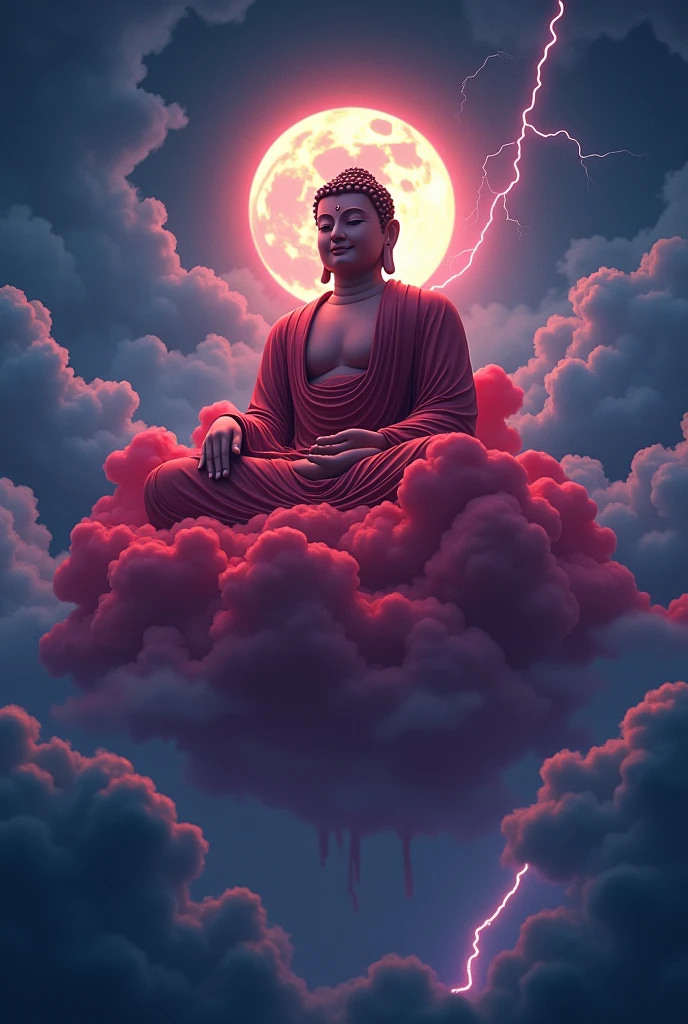 **Prompt**: "In a striking fusion of anime and Pixar styles, a colossal statue of Buddha, composed of vibrant blood-red clouds, floats majestically in a stormy night sky. The Buddha is portrayed with the exaggerated yet expressive features typical of anime, its serene expression carrying an otherworldly wisdom. The rich, red clouds forming the statue are soft and voluminous, with a slight glow that adds a magical, almost ethereal quality, reminiscent of Pixar’s whimsical charm.
The stormy sky is alive with movement, rendered in deep blues and purples, with flashes of bright lightning illuminating the scene. The clouds are fluffy and stylized, with the Pixar influence evident in their rounded, almost playful shapes, yet the dramatic color palette and intense shadows give it an anime-like intensity. The lightning bolts are crisp and bright, adding a dynamic energy to the scene.
The background showcases a night sky filled with dark, swirling clouds that carry a sense of both mystery and wonder. The moon peeks out from behind the clouds, its light softened by the layers of mist, giving the scene a dreamy, cinematic atmosphere. The play of light and shadow is enhanced with anime-style highlights and Pixar’s signature warm lighting, creating a balance between the intense and the enchanting.
In the foreground, elements like swirling winds and raindrops are animated with a mix of the detailed, expressive anime style and the soft, rounded shapes of Pixar’s character designs. The blood-red Buddha dominates the scene, its presence both awe-inspiring and comforting, with the clouds around it pulsing gently as if alive. The combination of anime’s dramatic flair and Pixar’s emotional warmth creates a visually stunning and deeply immersive image, where the fusion of these two iconic styles brings the statue to life in a unique and captivating way."