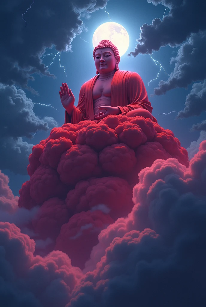 **Prompt**: "In a striking fusion of anime and Pixar styles, a colossal statue of Buddha, composed of vibrant blood-red clouds, floats majestically in a stormy night sky. The Buddha is portrayed with the exaggerated yet expressive features typical of anime, its serene expression carrying an otherworldly wisdom. The rich, red clouds forming the statue are soft and voluminous, with a slight glow that adds a magical, almost ethereal quality, reminiscent of Pixar’s whimsical charm.
The stormy sky is alive with movement, rendered in deep blues and purples, with flashes of bright lightning illuminating the scene. The clouds are fluffy and stylized, with the Pixar influence evident in their rounded, almost playful shapes, yet the dramatic color palette and intense shadows give it an anime-like intensity. The lightning bolts are crisp and bright, adding a dynamic energy to the scene.
The background showcases a night sky filled with dark, swirling clouds that carry a sense of both mystery and wonder. The moon peeks out from behind the clouds, its light softened by the layers of mist, giving the scene a dreamy, cinematic atmosphere. The play of light and shadow is enhanced with anime-style highlights and Pixar’s signature warm lighting, creating a balance between the intense and the enchanting.
In the foreground, elements like swirling winds and raindrops are animated with a mix of the detailed, expressive anime style and the soft, rounded shapes of Pixar’s character designs. The blood-red Buddha dominates the scene, its presence both awe-inspiring and comforting, with the clouds around it pulsing gently as if alive. The combination of anime’s dramatic flair and Pixar’s emotional warmth creates a visually stunning and deeply immersive image, where the fusion of these two iconic styles brings the statue to life in a unique and captivating way."