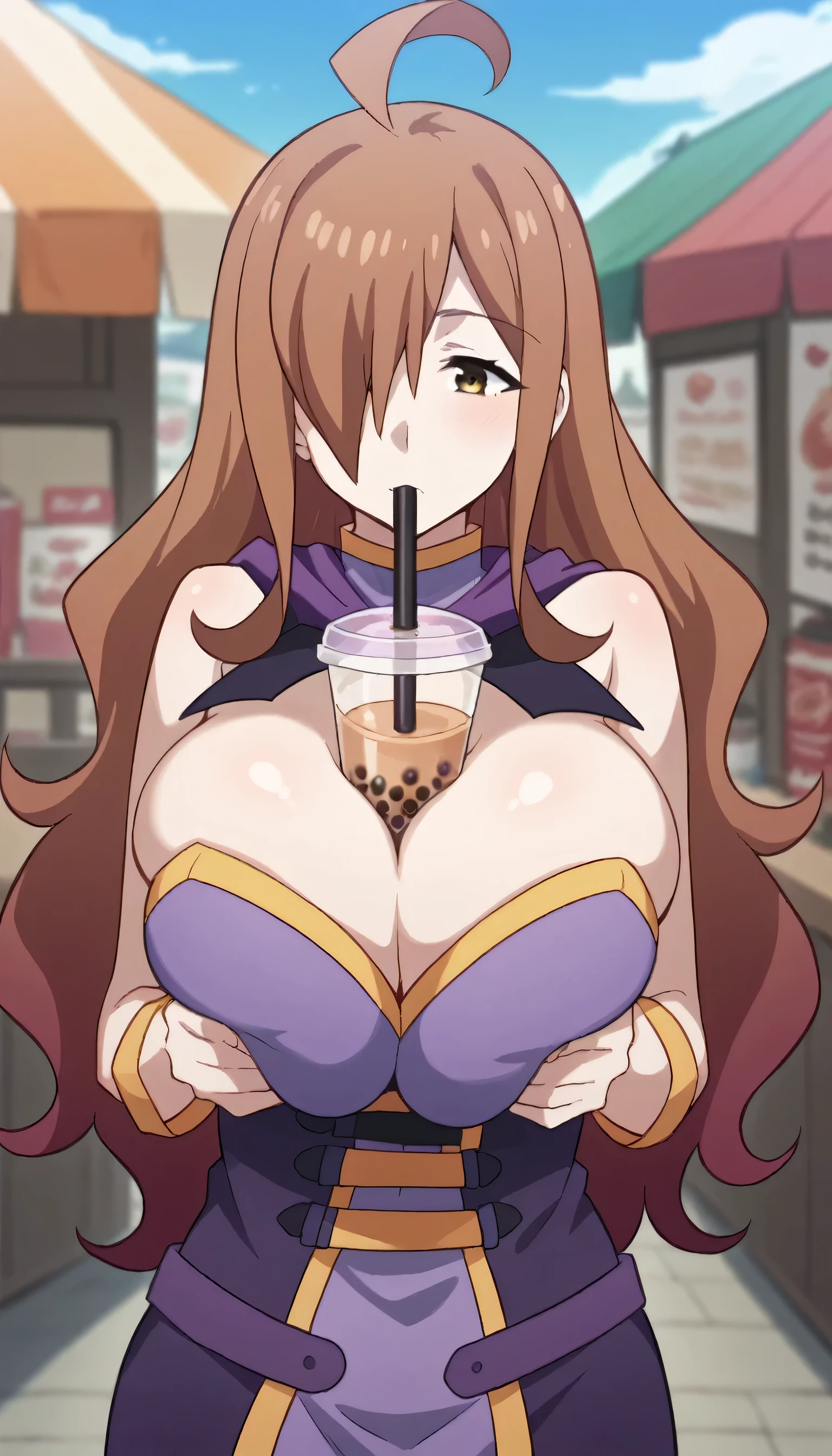 breasts, bubble tea, bubble tea challenge, drinking straw, 1girl, cup, disposable cup, bare shoulders, breast squeeze, breast hold, drinking, huge breasts, object on breast, solo, looking at viewer, strapless dress, drink, holding cup, between breasts,wiz, ahoge, brown eyes, light brown hair, hair over one eye, long hair,