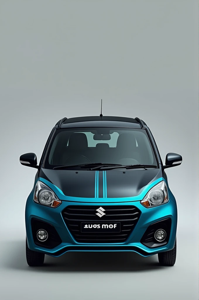 A car , company : Maruti Suzuki, model: Zen estilo, make: 2009, body dark blue with cyan color , top roof black color. With rain guard and spoilers Create the image