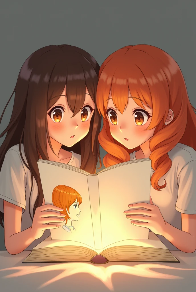 Two anime style softy friends looking at each other one of the girls has long brown hair and the other girl has long orange hair, They are reading a book with their eyes open. The book is white and has a profile of a girl with orange hair on the cover. A light comes out of the book., The book is white and above the girls reading is the phrase &quot;The Days of April&quot; in Spanish