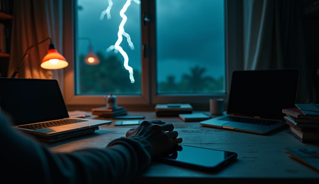 A photo of a mobile phone and a beautiful hand on a dark table, including a table, a study lamp, a laptop and books kept on a table. A window in the room is illuminated by a lightning strike, revealing raindrops hitting the glass. The overall atmosphere of the photo is eerie and mysterious. top view