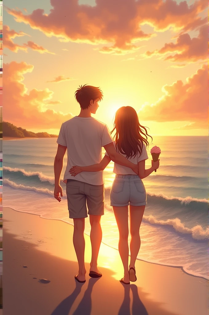 Like 

( A girl and boy , walking on sea shore hand in hand and a pretty sunset behind with sea water touching there feet,the boys hand arround the girls waist and the girl having icecream)