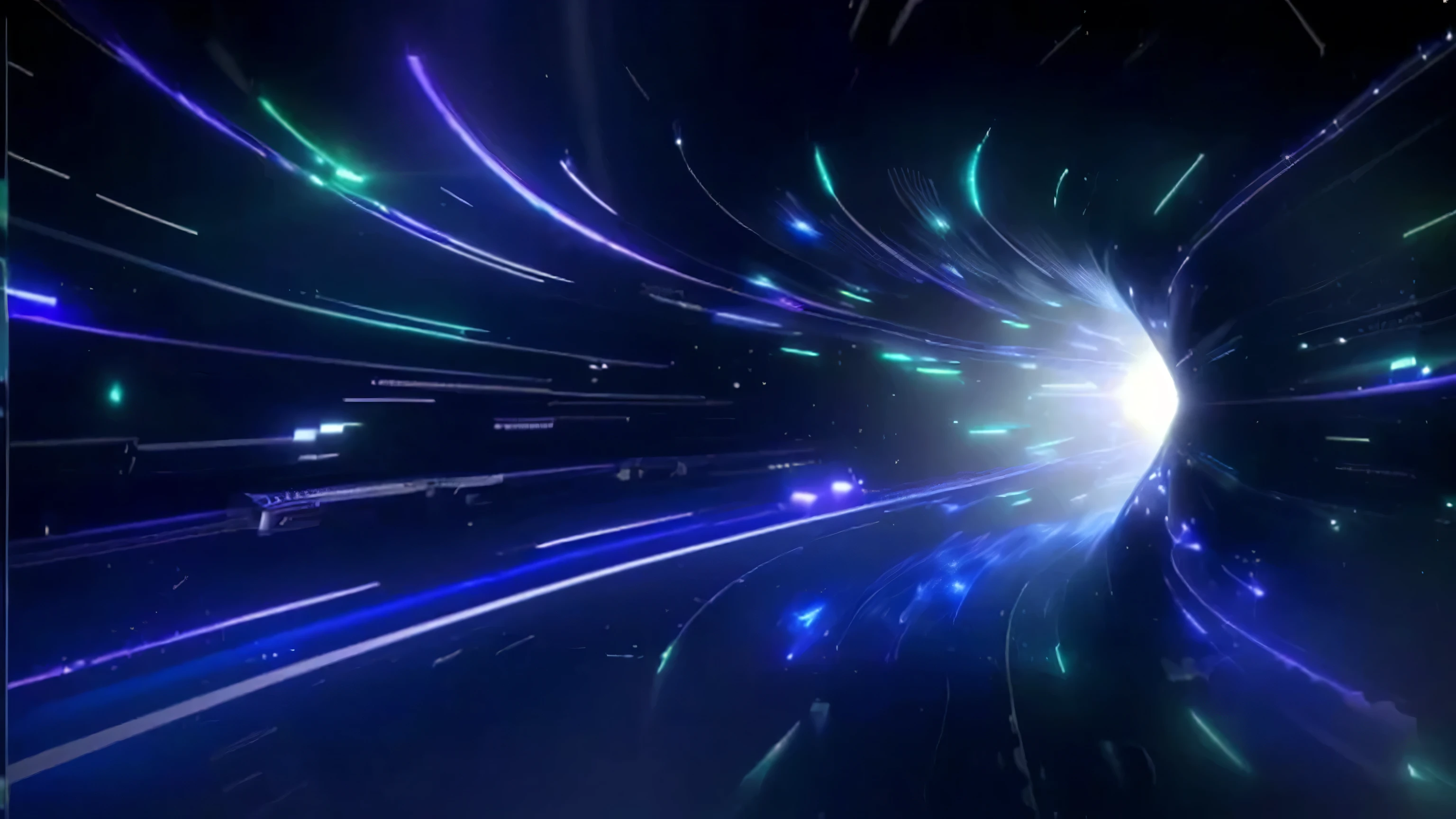 A dark tunnel with a black background,There are blue and purple lights inside, Particle Light, Entering a quantum wormhole, electric aura with particles, Light Particles, vfx particle simulation, Time vortex in the background, optical fiber, cosmic atmosphere light flares, light speed, Hyperspace, 4k anamorphic lens flare, Particle Explosion, ray trace 4k, ray trace 4k