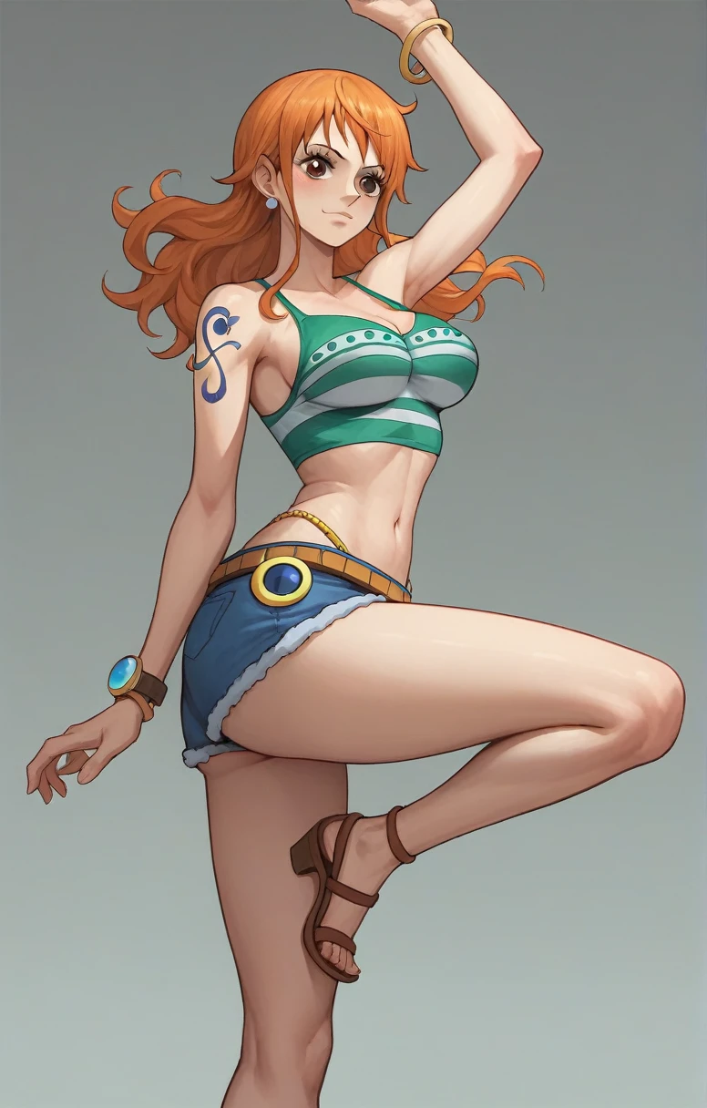 score_9, score_8_up, score_7_up, score_6_up, score_5_up, score_4_up, BREAK source_anime, 1girl, nami, one piece,standing on one leg