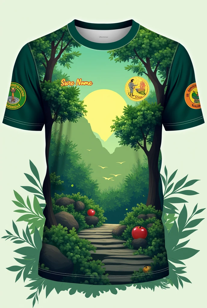 Photo of Sublimation t-shirt back to back
Color: Forest Green, Apple Green and Dark Gree
T-shirt design: leaves 
Front: Yes-O Club ,small tree design , Supang National High School 
Left Arm: President 
Back: Logo top and then Sure name 


