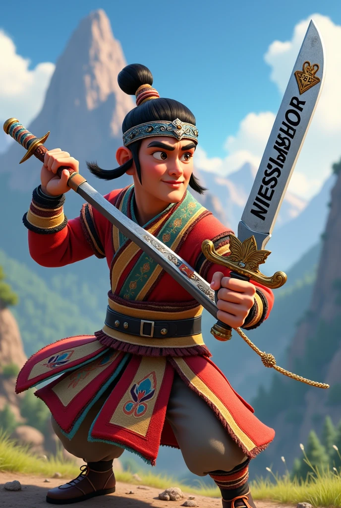 An animated Bhutanese warrior with a sword written MESSI JAMTSHO in bold on the sword