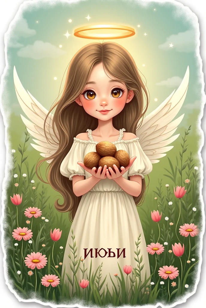 Drawn angel, girl - sticker, holds nuts, nimbus, long hair, grass, flowers , summer, holiday. word "limit" it&#39;s written in beautiful font below, in Cyrillic 