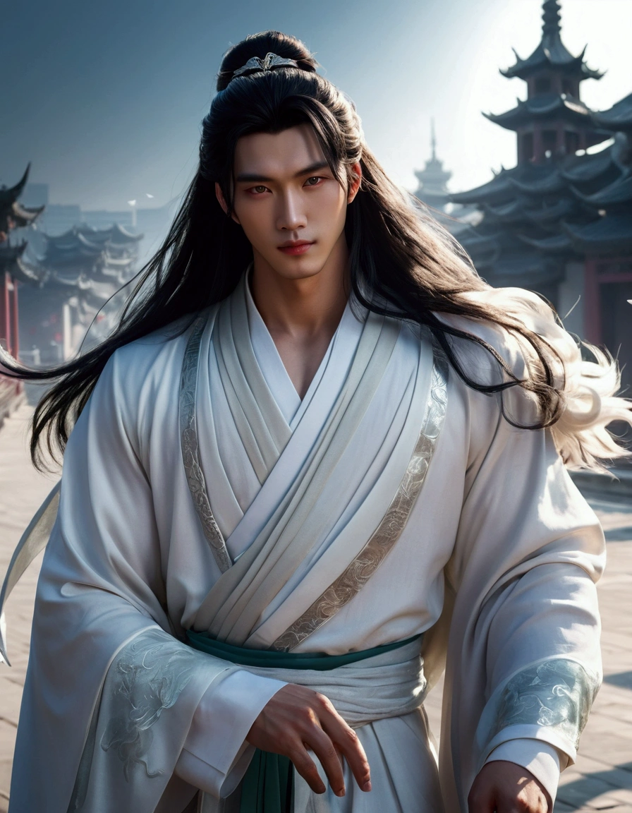 MALE CHARACTER DESIGN - A CLOSE UP APPEARANCE OF A GENTLE HANDSOME MELANCHOLIC CHINESE MAN CLOSE UP APPEARANCE OF XIE LIAN: 1. Wearing a Modern and Fashionable White Silk Hanfu suit - Silver Hair Ornament - Holding Jade Buddhist Prayer Beads. 2. Has porcelain white skin without gaps - Double eyelids - Clear and bright pupils - Melancholy-beautifully curved black eyebrows - Thin rosy lips & pure white teeth - Xie Lian's overall good looks are soft and beautiful. 3. Body height 180 centimeters - Strong physique and tight muscles - Body similar to a beautiful professional male model. 4. Temperament like a Buddha - Noble and Loving - Simple but Elegant - Beautiful like an Archangel. BACKGROUND: 1. Residence of Ancient Chinese Noble Families in the Modern Era. 2. Nighttime - Softly Glowing Lanterns - Dragon Mystical Beast Flying In The Night Sky. (Male character design),, Royal Highness the Crown Prince of Xianle - protagonist of Heaven Official's Blessing(Close-up front view of melancholic handsome Chinese man Xie Lian),(Xie Lian wearing a modern and fashionable men's suit: 1.3), Leather Xie Lian is bright and flawless,, the bridge of his nose is tall and straight, (long and messy shawl hair:1.1), double eyelids, bright eyes, big eyes clear and bright, sad prince, food with red lips and white teeth, gentle melancholy, Xie Lian is tall and tall., He has a strong physique, Firm muscles, Fresh and firm stomach, Exquisite facial features, King style, Noble temperament wearing a white robe with silver trim, messy black hair, Wind magic, background: modern urban with skyscrapers