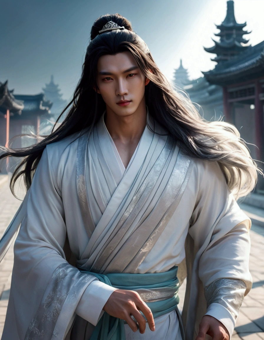MALE CHARACTER DESIGN - A CLOSE UP APPEARANCE OF A GENTLE HANDSOME MELANCHOLIC CHINESE MAN CLOSE UP APPEARANCE OF XIE LIAN: 1. Wearing a Modern and Fashionable White Silk Hanfu suit - Silver Hair Ornament - Holding Jade Buddhist Prayer Beads. 2. Has porcelain white skin without gaps - Double eyelids - Clear and bright pupils - Melancholy-beautifully curved black eyebrows - Thin rosy lips & pure white teeth - Xie Lian's overall good looks are soft and beautiful. 3. Body height 180 centimeters - Strong physique and tight muscles - Body similar to a beautiful professional male model. 4. Temperament like a Buddha - Noble and Loving - Simple but Elegant - Beautiful like an Archangel. BACKGROUND: 1. Residence of Ancient Chinese Noble Families in the Modern Era. 2. Nighttime - Softly Glowing Lanterns - Dragon Mystical Beast Flying In The Night Sky. (Male character design),, Royal Highness the Crown Prince of Xianle - protagonist of Heaven Official's Blessing(Close-up front view of melancholic handsome Chinese man Xie Lian),(Xie Lian wearing a modern and fashionable men's suit: 1.3), Leather Xie Lian is bright and flawless,, the bridge of his nose is tall and straight, (long and messy shawl hair:1.1), double eyelids, bright eyes, big eyes clear and bright, sad prince, food with red lips and white teeth, gentle melancholy, Xie Lian is tall and tall., He has a strong physique, Firm muscles, Fresh and firm stomach, Exquisite facial features, King style, Noble temperament wearing a white robe with silver trim, messy black hair, Wind magic, background: modern urban with skyscrapers