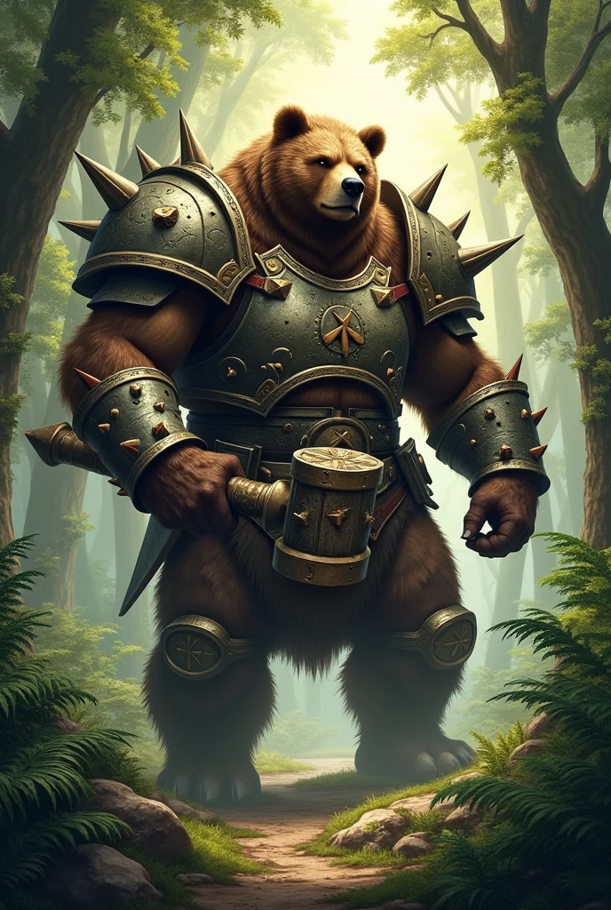 (Detailed) 1 bear, humanoid, in forest, heavy armour, spiked mace weapon